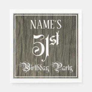 51st Birthday Party — Fancy Script, Faux Wood Look Napkin
