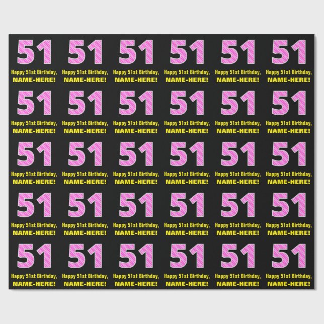 51st Birthday: Pink Stripes and Hearts "51" + Name Wrapping Paper (Flat)