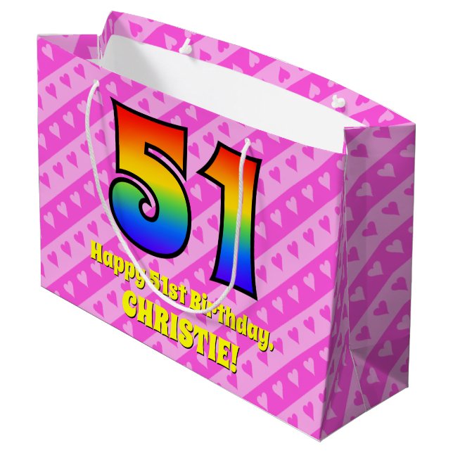 51st Birthday: Pink Stripes & Hearts, Rainbow # 51 Large Gift Bag (Back Angled)