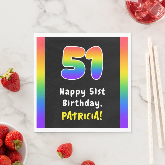 51st Birthday: Rainbow Spectrum # 51, Custom Name Napkin (Insitu)