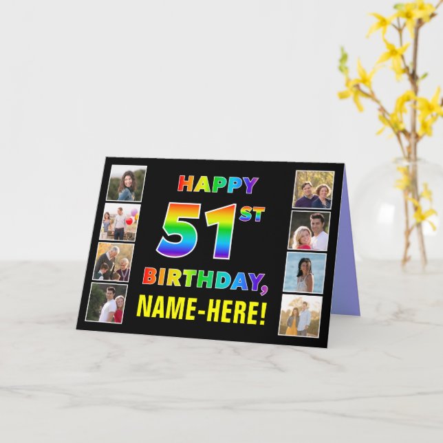 51st Birthday: Rainbow Text, Custom Photos & Name Card (Yellow Flower)