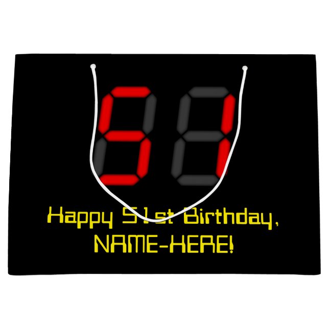 51st Birthday: Red Digital Clock Style "51" + Name Large Gift Bag (Front)