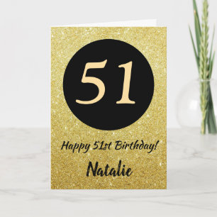 51st Happy Birthday Black and Gold Glitter Card