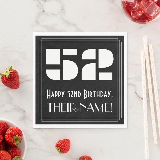 52nd Birthday: Art Deco Inspired Look "52" + Name Napkin (Insitu)
