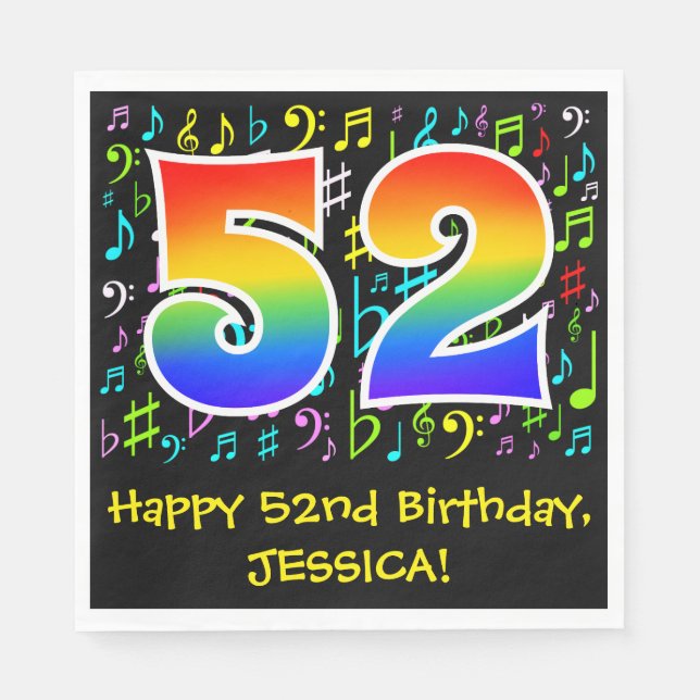 52nd Birthday - Colourful Music Symbols, Rainbow 5 Napkin (Front)