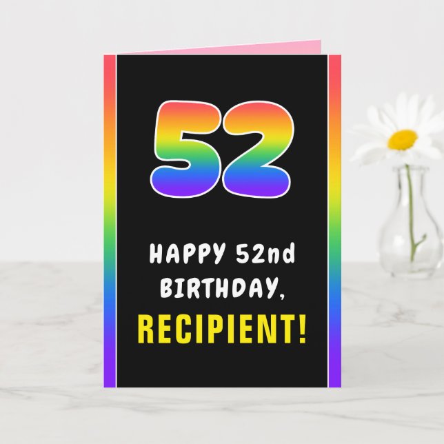 52nd Birthday: Colourful Rainbow # 52, Custom Name Card (Small Plant)