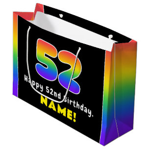 52nd Birthday: Colourful Rainbow # 52, Custom Name Large Gift Bag