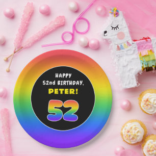 52nd Birthday: Colourful Rainbow # 52, Custom Name Paper Plate
