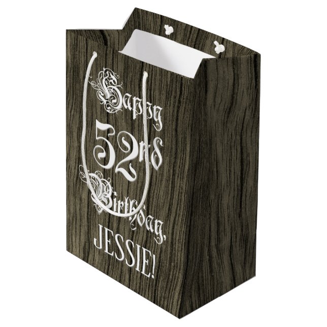 52nd Birthday: Fancy, Faux Wood Look + Custom Name Medium Gift Bag (Back Angled)