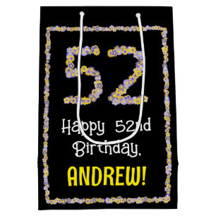 52nd Birthday: Floral Flowers Number, Custom Name Medium Gift Bag