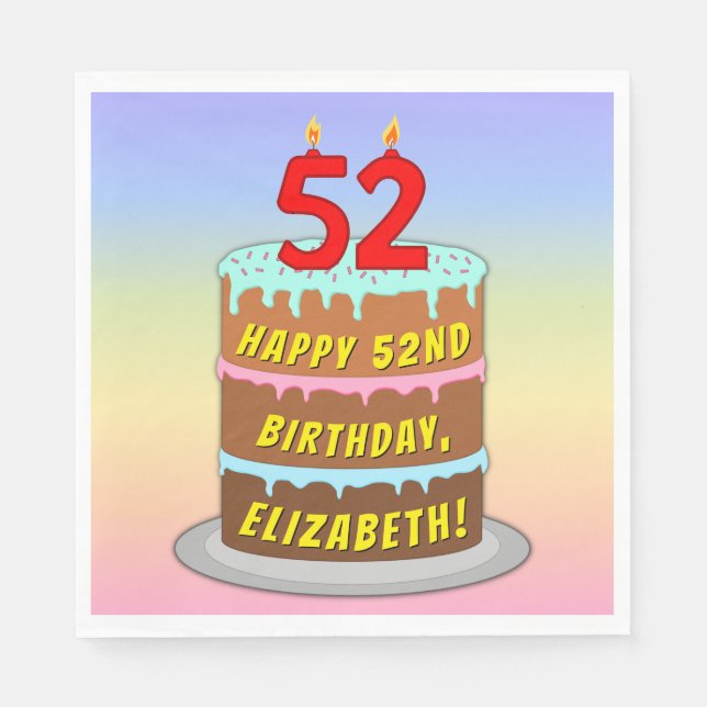 52nd Birthday: Fun Cake and Candles + Custom Name Napkin (Front)