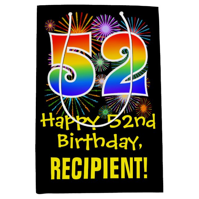 52nd Birthday: Fun Fireworks Pattern + Rainbow 52 Medium Gift Bag (Front)
