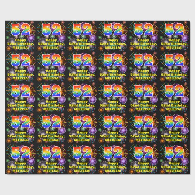 52nd Birthday: Fun Fireworks, Rainbow Look # “52” Wrapping Paper (Seam)