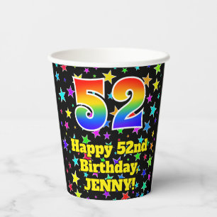 52nd Birthday: Fun Stars Pattern and Rainbow 52 Paper Cups