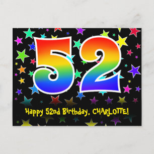 52nd Birthday: Fun Stars Pattern, Rainbow 52, Name Postcard