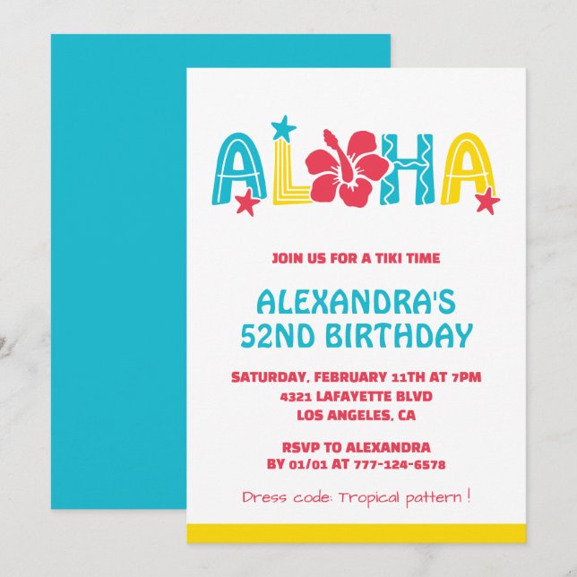 52nd birthday invitations Tropical Aloha Hawaiian (Front/Back)
