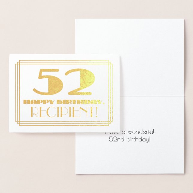 52nd Birthday; Name + Art Deco Inspired Look "52" Foil Card (Display)