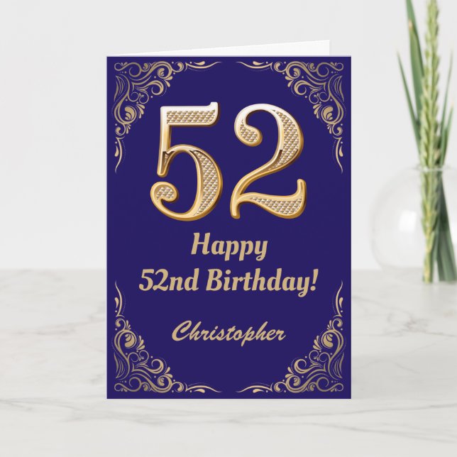 52nd Birthday Navy Blue and Gold Glitter Frame Card (Front)