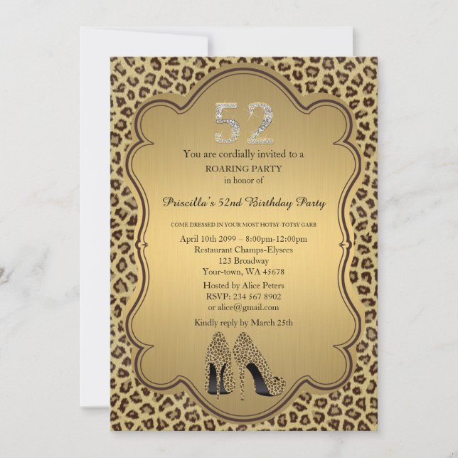 52nd,Birthday Party 52nd,Cheetah High Heels Shoes Invitation (Front)