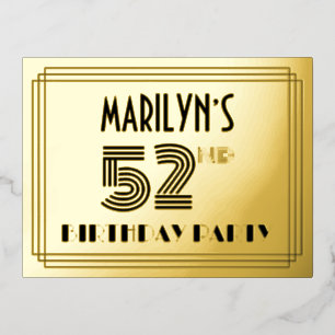 52nd Birthday Party ~ Art Deco Style “52” + Name Foil Invitation Postcard