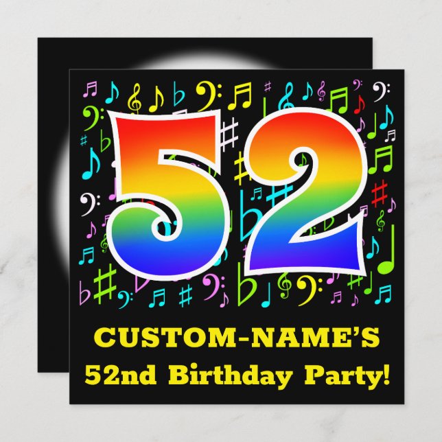 52nd Birthday Party: Fun Music Symbols, Rainbow 52 Invitation (Front/Back)