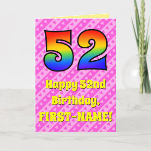 52nd Birthday: Pink Stripes & Hearts, Rainbow # 52 Card