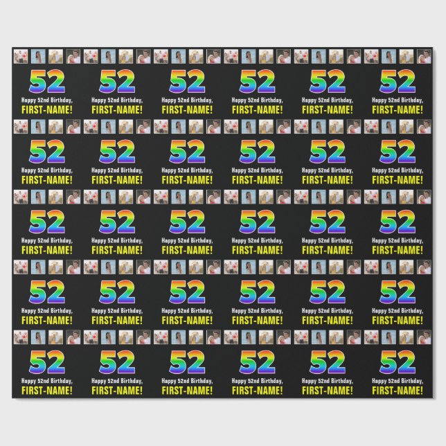 52nd Birthday: Rainbow “52“; Custom Photos & Name Wrapping Paper (Flat)