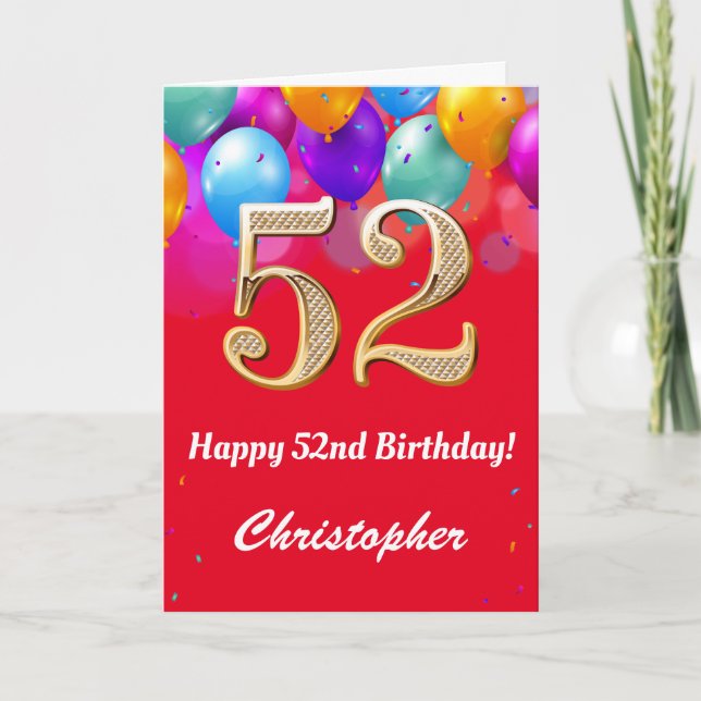 52nd Birthday Red and Gold Colourful Balloons Card (Front)