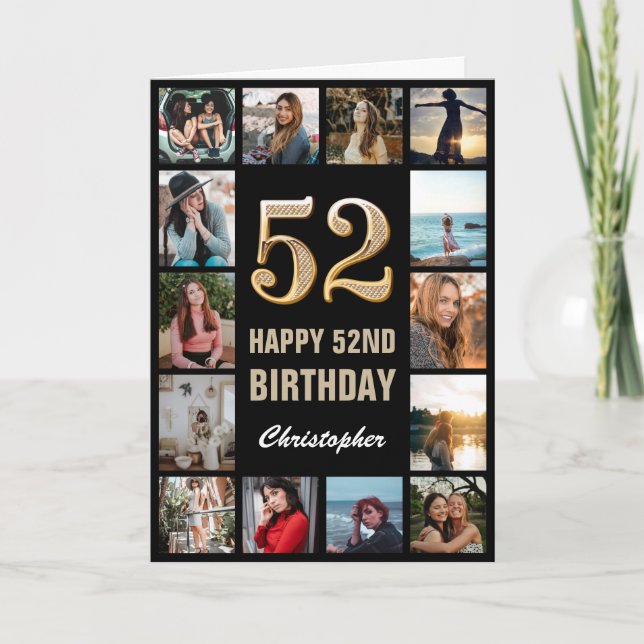 52nd Happy Birthday Black and Gold Photo Collage Card (Front)