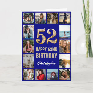 52nd Happy Birthday Navy Blue & Gold Photo Collage Card
