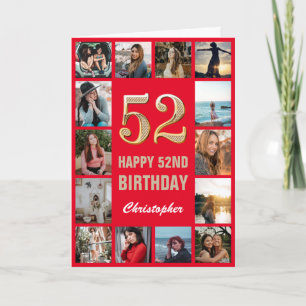 52nd Happy Birthday Red and Gold Photo Collage Card