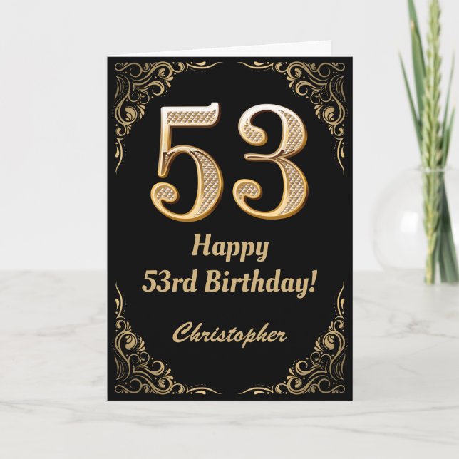 53rd Birthday Black and Gold Glitter Frame Card (Front)