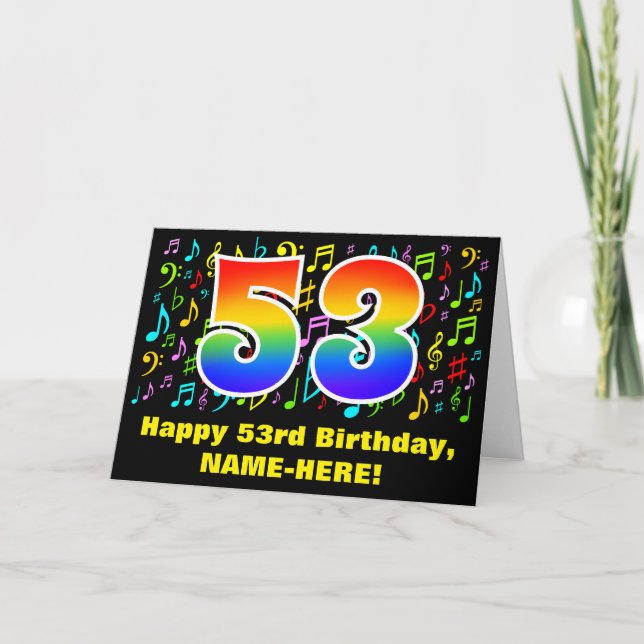 53rd Birthday: Colorful Music Symbols & Rainbow 53 Card (Front)
