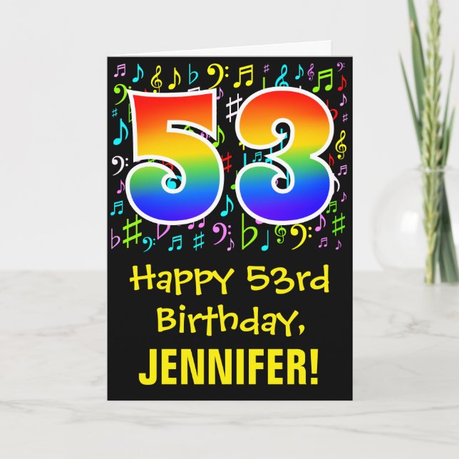53rd Birthday: Colorful Music Symbols + Rainbow 53 Card (Front)