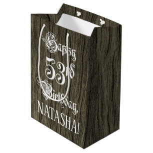 53rd Birthday: Fancy, Faux Wood Look + Custom Name Medium Gift Bag