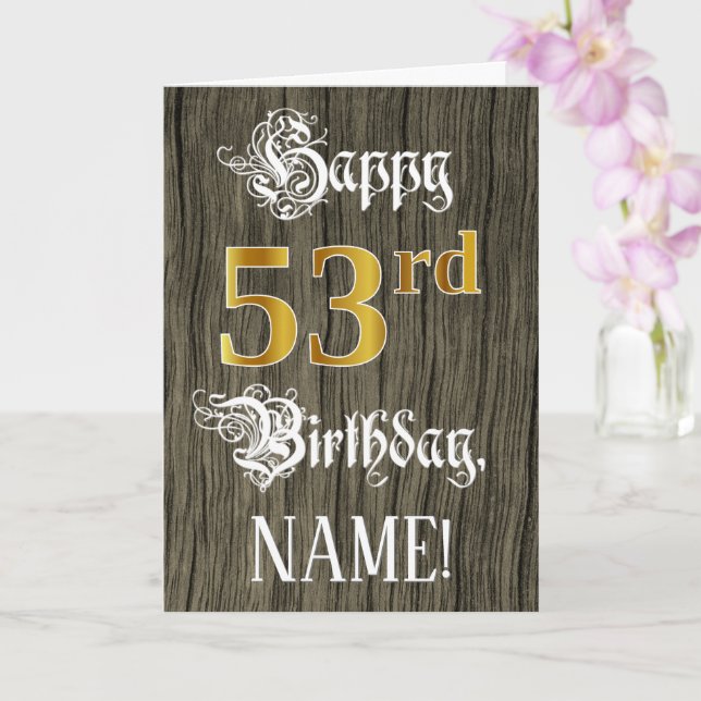 53rd Birthday: Faux Gold Look + Faux Wood Pattern Card (Orchid)
