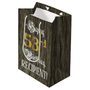 53rd Birthday: Faux Gold Look & Faux Wood Pattern Medium Gift Bag