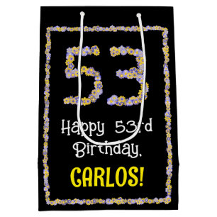 53rd Birthday: Floral Flowers Number, Custom Name Medium Gift Bag