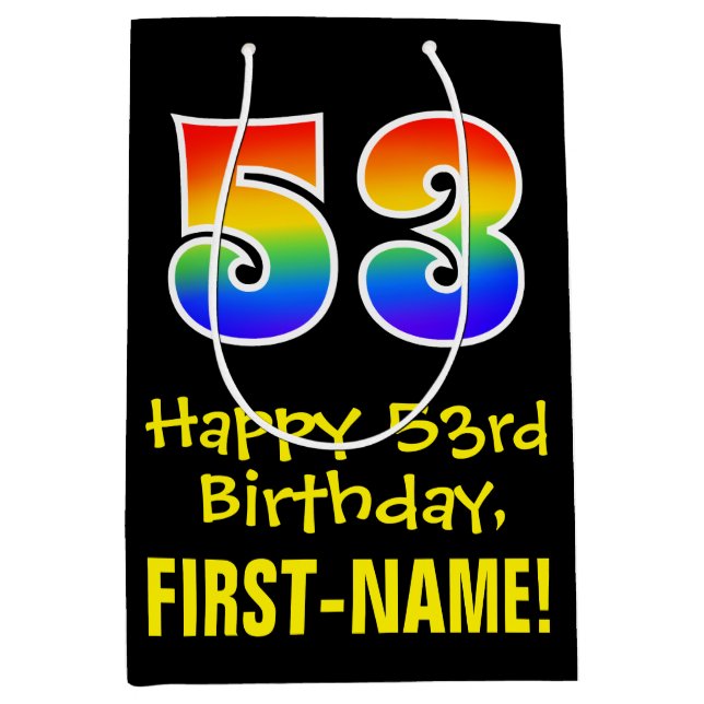 53rd Birthday: Fun, Bold, Colourful, Rainbow "53" Medium Gift Bag (Front)