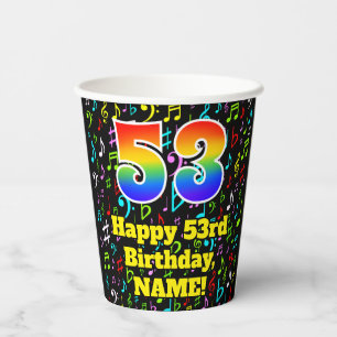 53rd Birthday: Fun Music Notes Pattern, Rainbow 53 Paper Cups