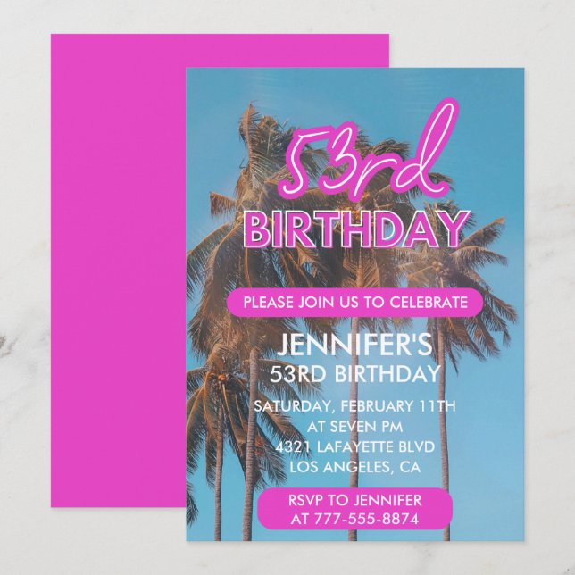 53rd birthday invitation Summer Pink Palm tree (Front/Back)