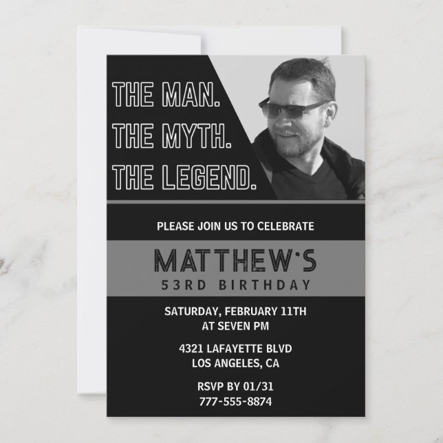53rd birthday invitations Black The Man The Legend (Front)