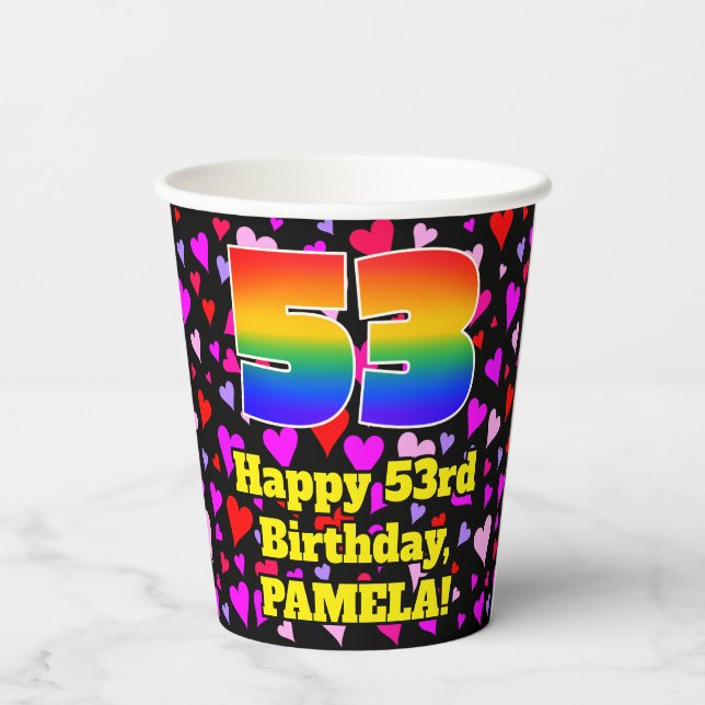 53rd Birthday: Loving Hearts Pattern, Rainbow 53 Paper Cups (Back)