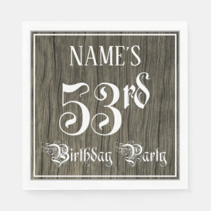 53rd Birthday Party — Fancy Script, Faux Wood Look Napkin