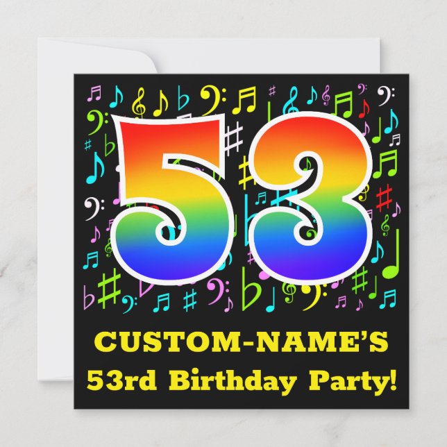 53rd Birthday Party: Fun Music Symbols, Rainbow 53 Invitation (Front)