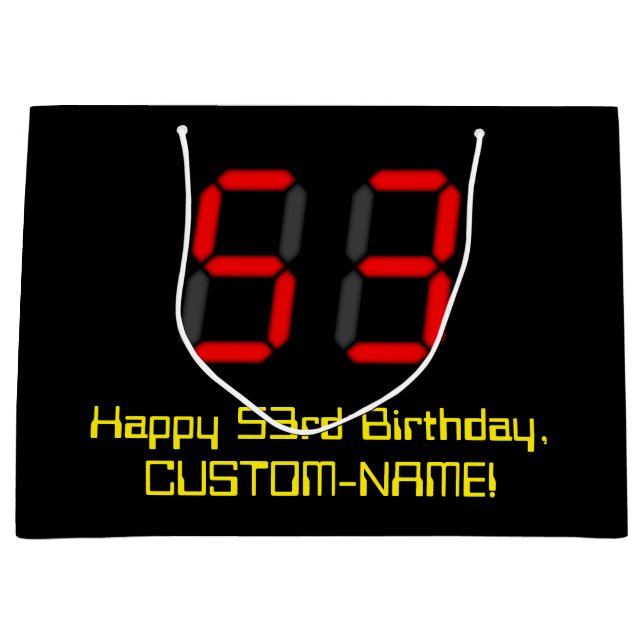 53rd Birthday: Red Digital Clock Style "53" + Name Large Gift Bag (Front)
