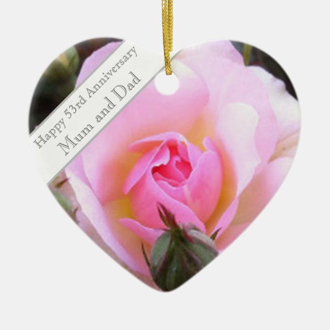 53rd Wedding Anniversary Pink Rose Ceramic Tree Decoration (Front)