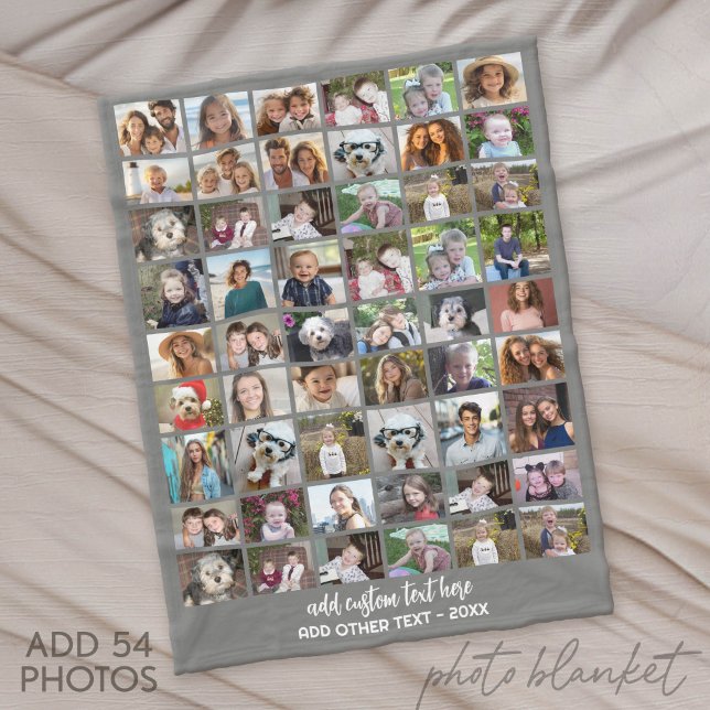 54 Photo Collage Grid - Custom Text - White Fleece Blanket (Custom Fleece Blanket with Photo Collage)