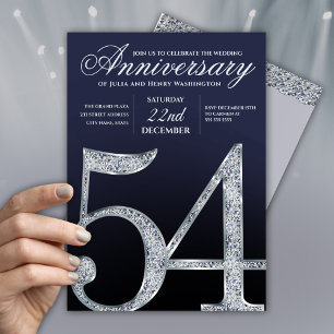 54th Anniversary Diamond Silver Navy Blue Modern Invitation