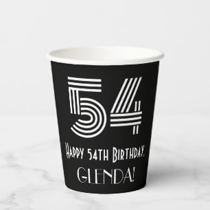 54th Birthday — Art Deco Inspired Look “54” + Name Paper Cups